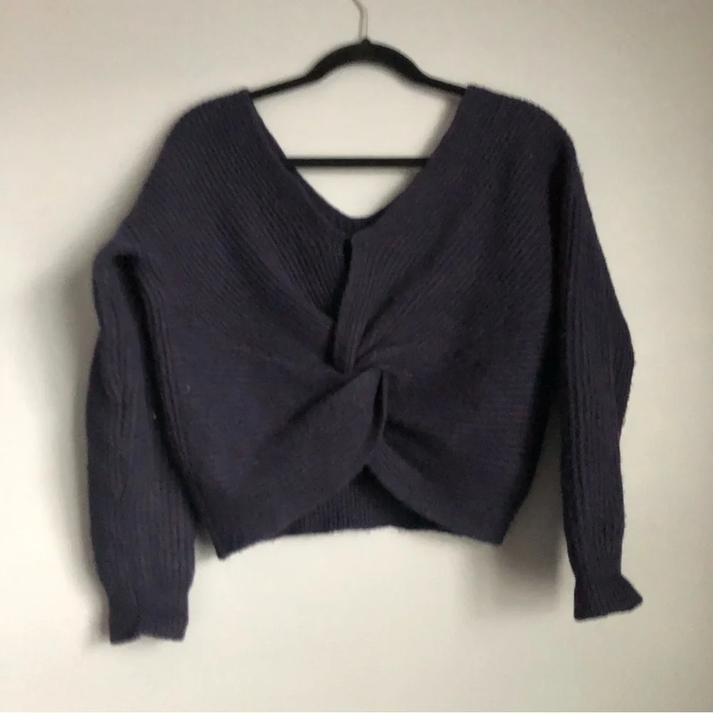 Anthropologie Angel of the North Twist Back Crop Navy Sweater S